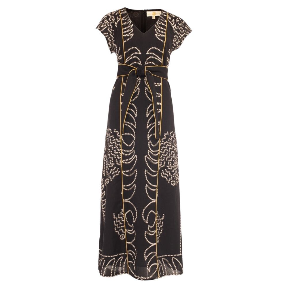 Anna Cate Nellie Linen Cotton Blend V-Neck Printed Tie Belt Maxi Dress Size S